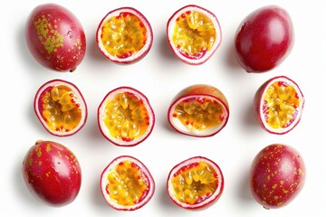 Fresh passion fruit halves isolated on white background top view