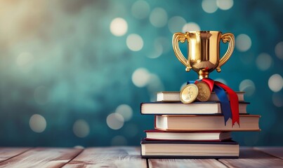 Stack of books with golden cup trophy and medal. Academic and school knowledge, business education and graduation, Place for your text, copy space, empty, Generative AI