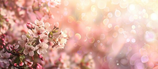 Wall Mural - Unfocused spring flowers blurred cherry blossoms of spring toned bokeh floral backdrop soft pastel card. Copy space image. Place for adding text and design