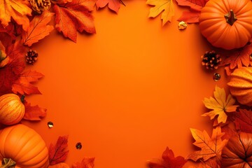 Wall Mural - A frame of orange leaves and pumpkins with a gold border