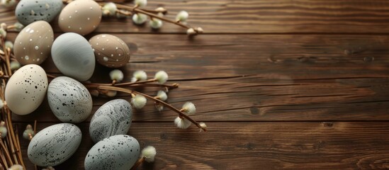 Sticker - Beige and gray Easter eggs along with pussy willow sprigs are placed on a brown wooden surface Copy Space