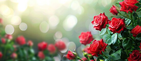 Canvas Print - A cluster of red rose flowers with a blurred natural background and copy space