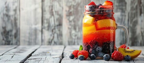 Poster - Mason jar filled with a vibrant layered fruit smoothie featuring fresh berries against a white wooden wall background copy space selective focus Clean eating vegetarian weight loss healthy diet food