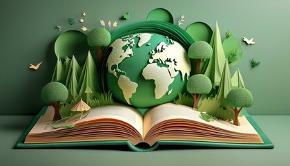 Open book with green world made in paper style, Green world in cute style, environment preservation concept, Generative AI