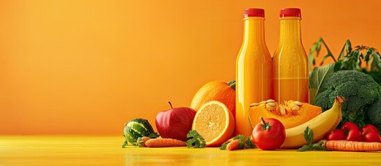 Poster - fresh juice made from homegrown vegetables Pumpkin smoothie Detox vegetarian diet On a vibrant summer backdrop. Copy space image. Place for adding text and design