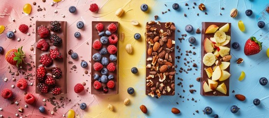 Handcrafted chocolate bars featuring fruits berries and nuts against a colorful backdrop. Copy space image. Place for adding text and design