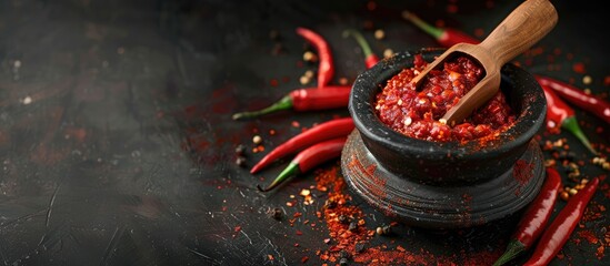 Canvas Print - The chili paste is ready to be served directly from the mortar to enhance flavor. Copy space image. Place for adding text and design