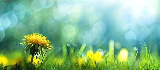 Poster - Close up of a yellow dandelion Horizontal format with copyspace Summer season