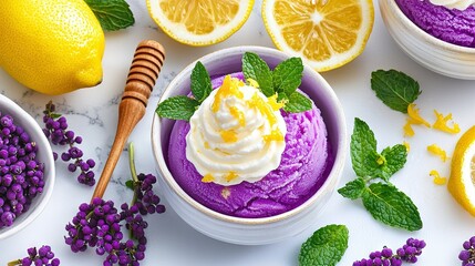   A table displays two bowls holding purple and yellow desserts, accompanied by lemons, mint, and a honeycomb