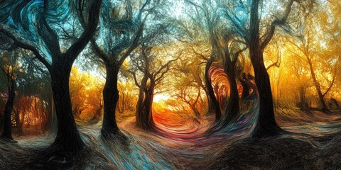 Canvas Print - Abstract painting of a forest with swirling trees.