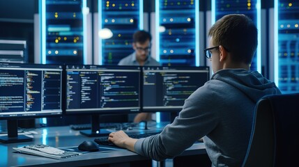 Leinwandbilder - specialist sits in technical room surrounded by computer servers, equipment. Works on personal computer screen displaying coding language interface. Data center background features professional