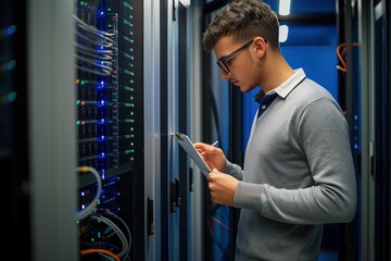 Aufkleber - Young man stands by server cabinet in data center working with high-performance computing technology. Holding clipboard, he manages complex system network.