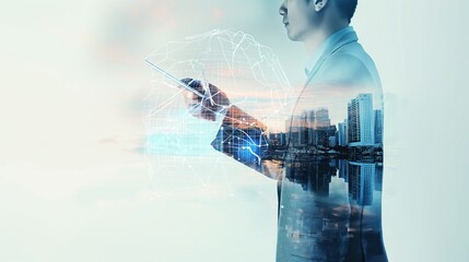 Aufkleber - Businessman in IT world, double exposure collage with a man and modern city, male uses digital tablet PC or gadget.