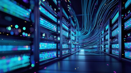 Aufkleber - Rows of sleek server racks in a modern data center room. High tech network hardware and equipment line the rows. Bright blue lights illuminate the space, creating an abstract art-like effect.