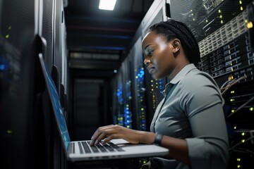 Poster - Black woman IT support engineer works in dark server room surrounded by laptops and network equipment. Female programmer troubleshoots computer issues with focus on security and analytics.