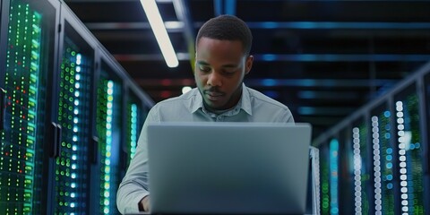 Aufkleber - Male system administrator works in server room typing on laptop computer while managing big data center operations. Man engineer monitors digital systems, programming online database management.