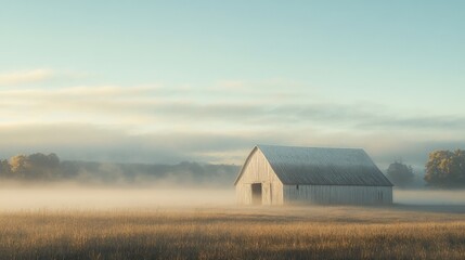 A lone barn stands amidst a misty morning countryside, with soft light filtering through the fog, creating a tranquil scene.