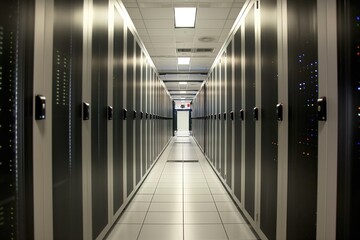 Poster - Long hallway with rows of black computer servers on both sides. White tiles on floor reflect from ceiling fixtures above. Single fixture illuminates space, casting shadows, server arrangement.