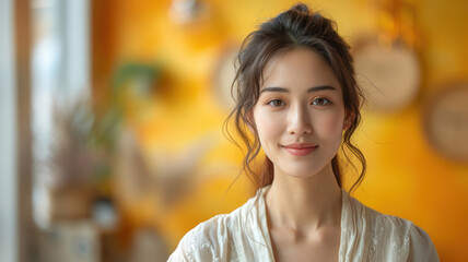 Wall Mural - A woman with long hair and a white blouse is smiling at the camera. The room has a yellow wall and a few potted plants