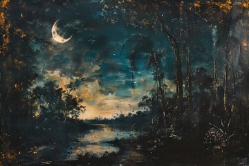 Canvas Print - Nighttime Jungle Landscape with Crescent Moon.