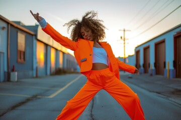 Young African American woman dancer performs energetic dance moves in street at sunset. Stylish woman wears orange suit with curly hair, showing off dynamic movements.