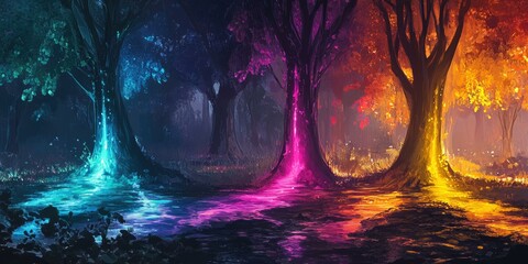 Wall Mural - Three glowing trees in a dark forest.