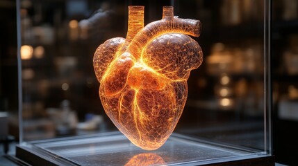 Poster - A detailed holographic display of a human heart glows brightly, revealing its intricate structure in a contemporary lab environment.