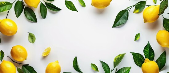 Poster - Fruit frame Top view of lemons and leaves on a white background with copy space