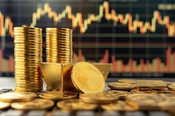 Poster - gold coins and gold bars displayed against a financial graph showing market performance. conceptual 