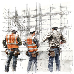 Group of construction workers in safety gear at a construction site. Colorful, stylized. Concept of teamwork and construction