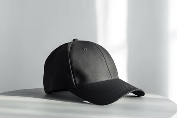 Poster - Black cap on a table against a white background. Simple design mockup for branding and advertising. Empty space for logotype or label. Cotton fabric, modern style, corporate business, fashion trend.
