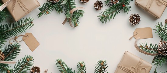 Wall Mural - Christmas frame background Top view of fir tree branches brown gift boxes assorted accessories for handmade gifts wooden decorations pinecones and tags on a white table copy space selective focus