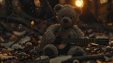 Canvas Print - A teddy bear playing the guitar under the moonlight