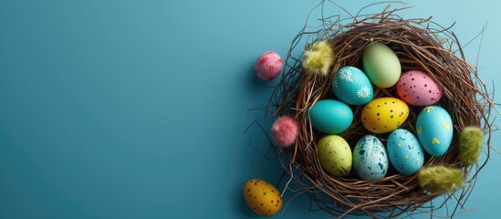 Canvas Print - Easter eggs nestled in a blue background Top view with copy space Happy Easter card