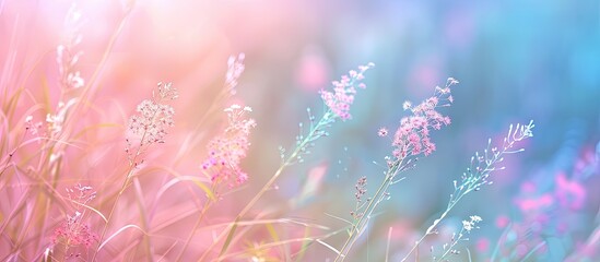 Wall Mural - Close up of wild grass featuring pastel colors a stunning natural backdrop soft focus and a blurred background. Copy space image. Place for adding text and design