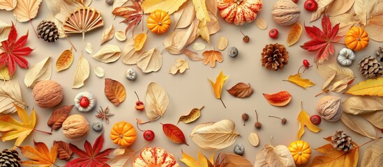 Poster - Autumn arrangement A pattern created from dried leaves and various decorative items on a table Flat lay top view. Copy space image. Place for adding text and design