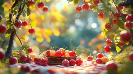 Wall Mural - Cherries Picnic Basket.