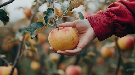 Wall Mural - A person picking a ripe apple from a tree in an orchard.