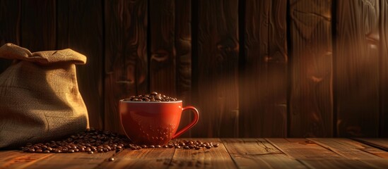 Canvas Print - A warm cup of coffee with a sack beside coffee beans on a wooden background. Copy space image. Place for adding text and design