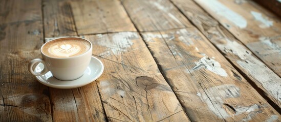 Canvas Print - Cappuccino cup placed on the aged wooden floor. Copy space image. Place for adding text and design