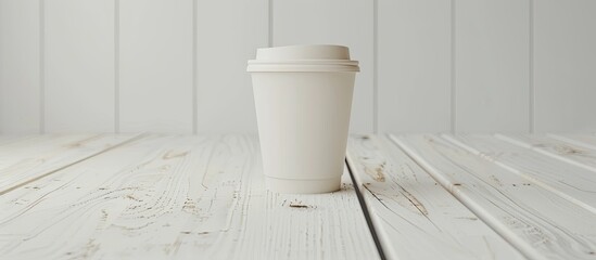 Wall Mural - Takeaway coffee cup resting on a white wooden table. Copy space image. Place for adding text and design