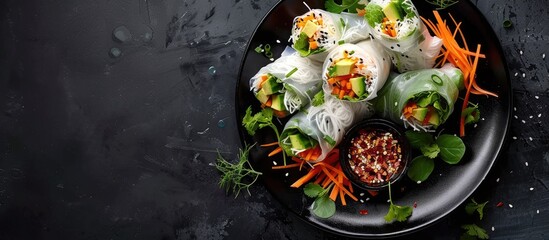 Canvas Print - Fresh handmade vegan Asian spring rolls featuring rice noodles avocado carrots and tahini dressing on a black plate. Copy space image. Place for adding text and design