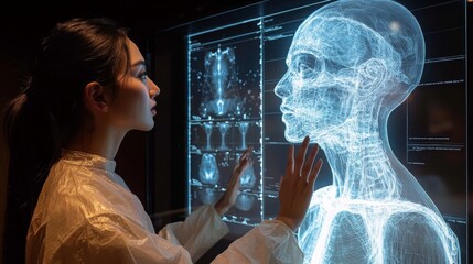 Poster - A researcher interacts with a holographic display of a virtual twin, analyzing its features in a high-tech medical facility during an advanced study.