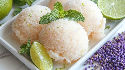 Wall Mural -   A close-up of a plate with limes and lavender sprinkles on one side