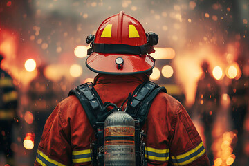 man in helmet on background of fire, Celebrations the hard work of firefighter on Firefighters Day,