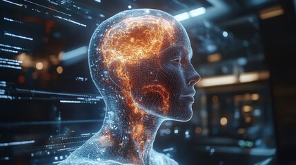 Poster - A holographic representation of a virtual twin is on display, highlighting intricate neural patterns and cutting-edge technology in a modern environment.