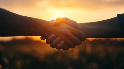 Wall Mural - Close-Up of Two Hands Shaking in Front of a Beautiful Sunset, Symbolizing Partnership, Agreement, and Unity