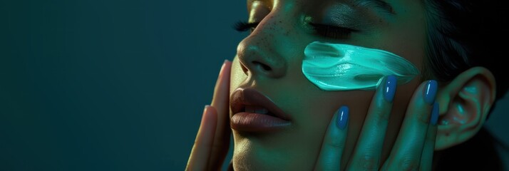 Middle eastern model woman face with blue makeup on dark background. Close-up view of beauty studio promo. Pretty beautiful woman applies cream to skin. Editorial fashion photography concept.