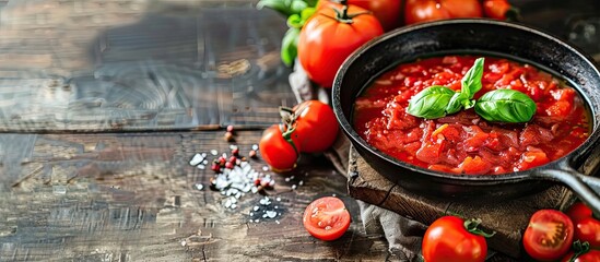 Poster - Close up of homemade crushed tomatoes in a frying pan on a rustic table with copyspace