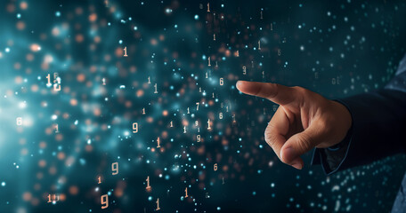 Close up of business man hand pointing at abstract glowing mathematical formula graph on blue backgrounds.